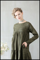Maxi Linen Dress with Side Pockets , army green and  white. | gansat